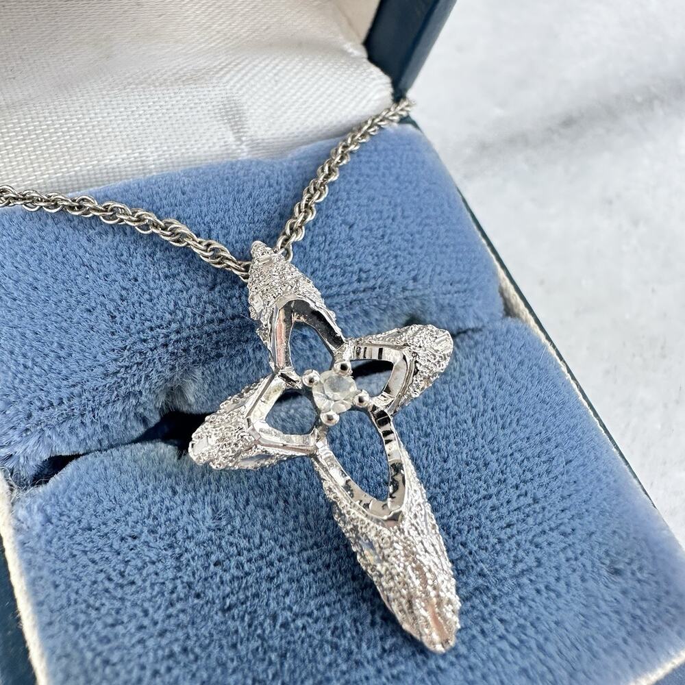 Brutalist Cross Necklace Gothic Sterling Silver Pendant CZ 925 Sculptural MCM